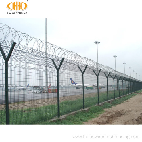 welded wire airport fence with barbed razor wire